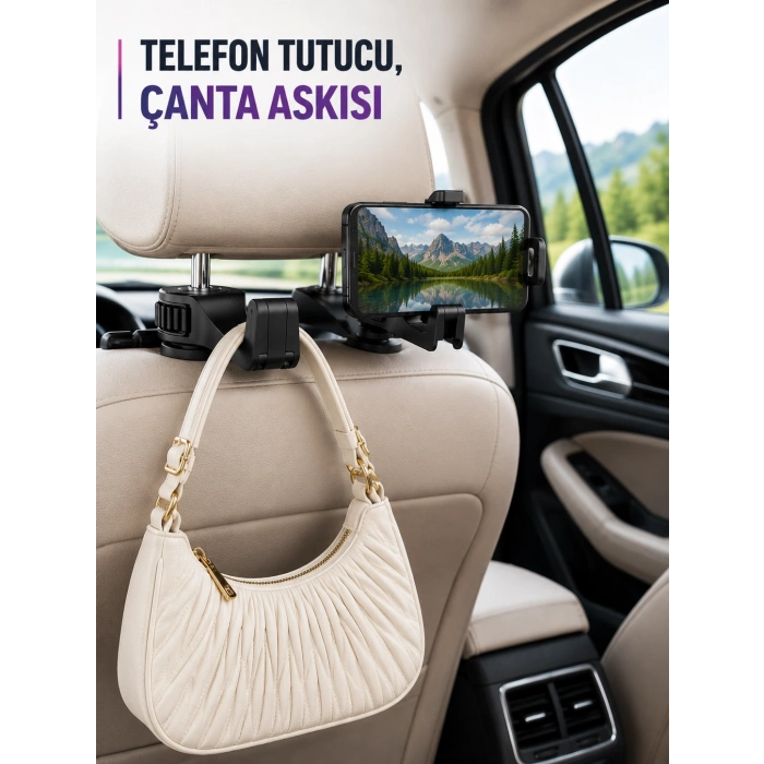 Araç Koltuk Başlığına Takılan Telefon Tutucu Ve Eşya Askısı