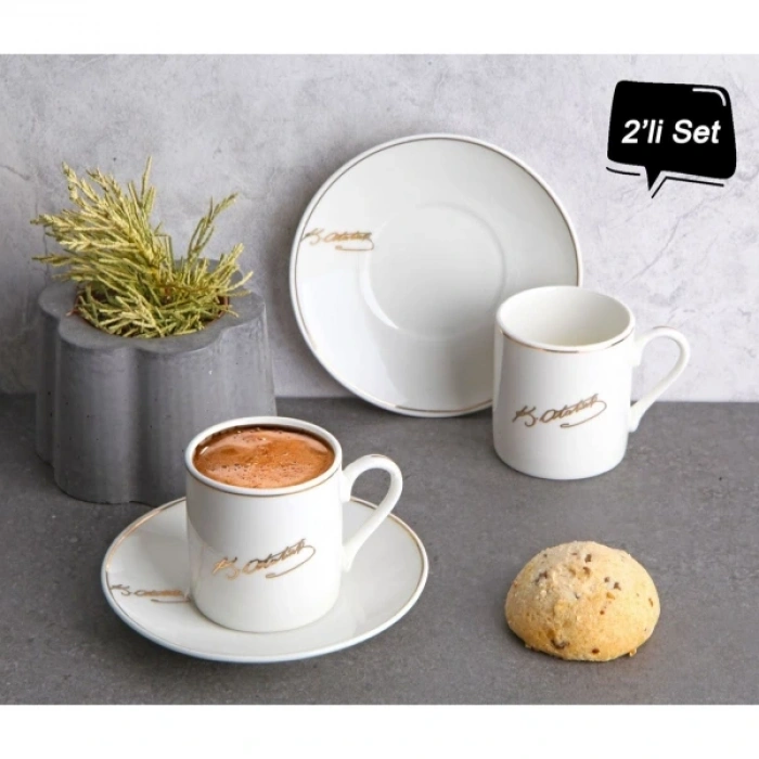 Atatürk İmza Tasarımlı Porselen 2li Kahve Seti