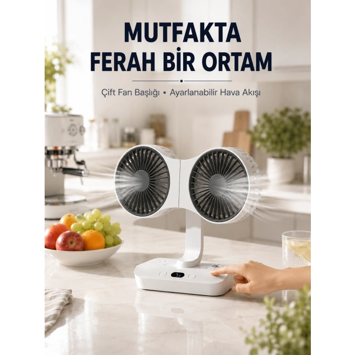 Ayarlanabilir Çift Fan Başlıklı Şarjlı Masa Vantilatörü