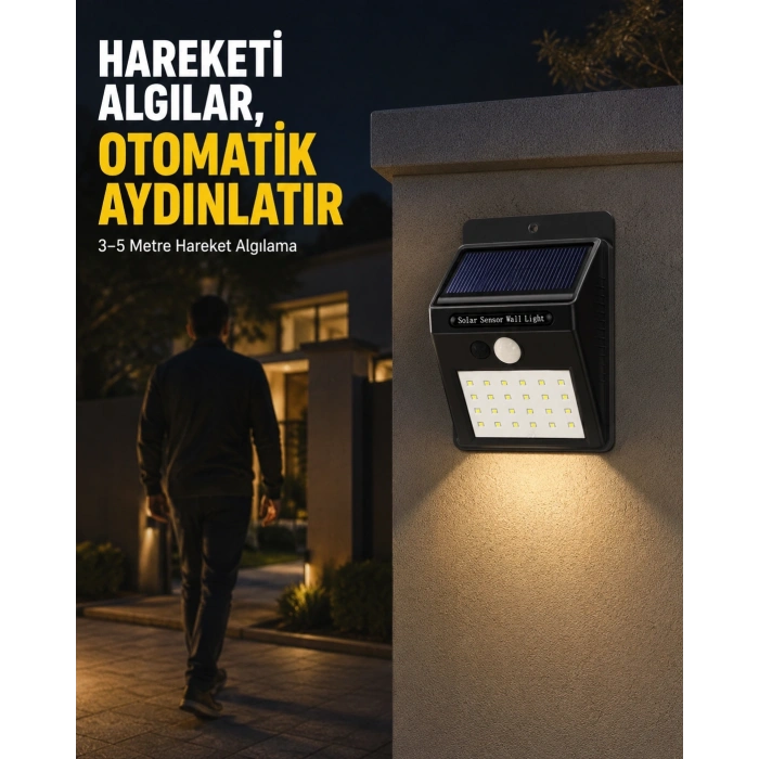 Bahçe Ve Veranda İçin Güneş Paneli İle Otomatik Şarj Olan Led Duvar Lambası