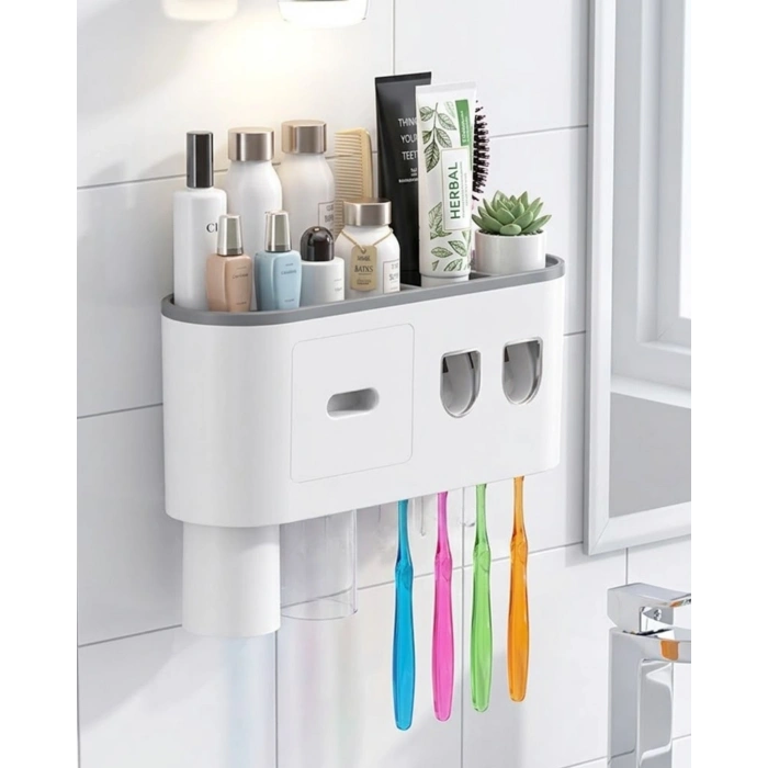Banyo Organizer Diş Fırçası Tutucu Çift Dispenserli Raflı Çekmeceli