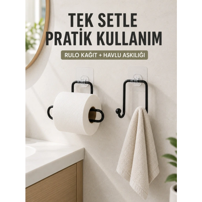 Banyo Ve Mutfak İçin Yapışkanlı Havlu Askılığı Ve Rulo Kağıt Tutucu Set