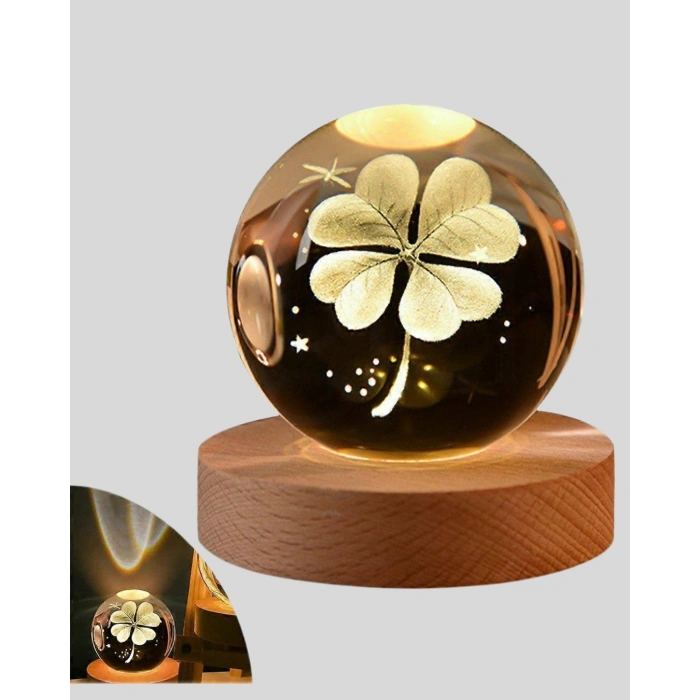 Bitki Temalı Led Işıklı Cam Küre Ahşap Standlı Modern Gece Lambası
