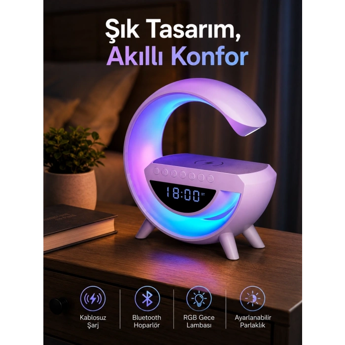 Bluetooth Hoparlör 15w Kablosuz Hızlı Şarj Led Gece Lambası