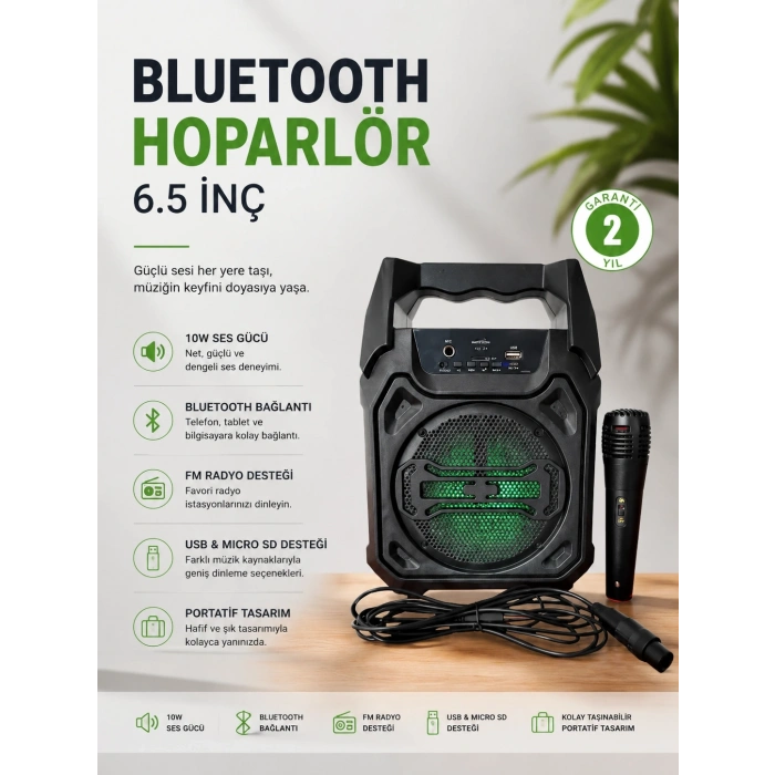 Bluetooth Hoparlör Mikrofonlu Taşınabilir Ses Sistemi Fm Radyo, Usb, Sd Kart Ve Tws Özellikli