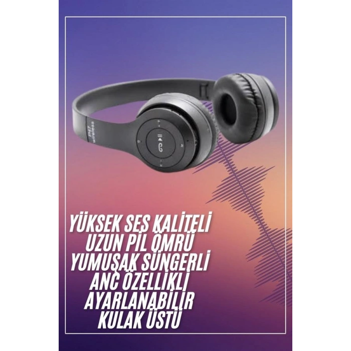 Bluetooth Kablosuz Kulaklık Siyah Wireless 5.0 Kulak Üstü Uzun Pil Ömrü