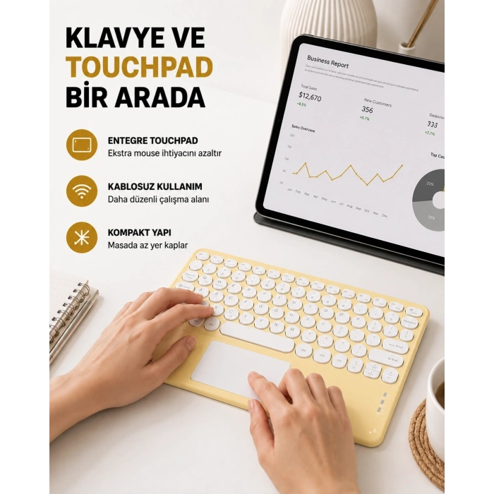 Bluetooth Klavye – Kablosuz, Sessiz Tuşlu, Android İos Windows Uyumlu, Kompakt Taşınabilir Tasarım