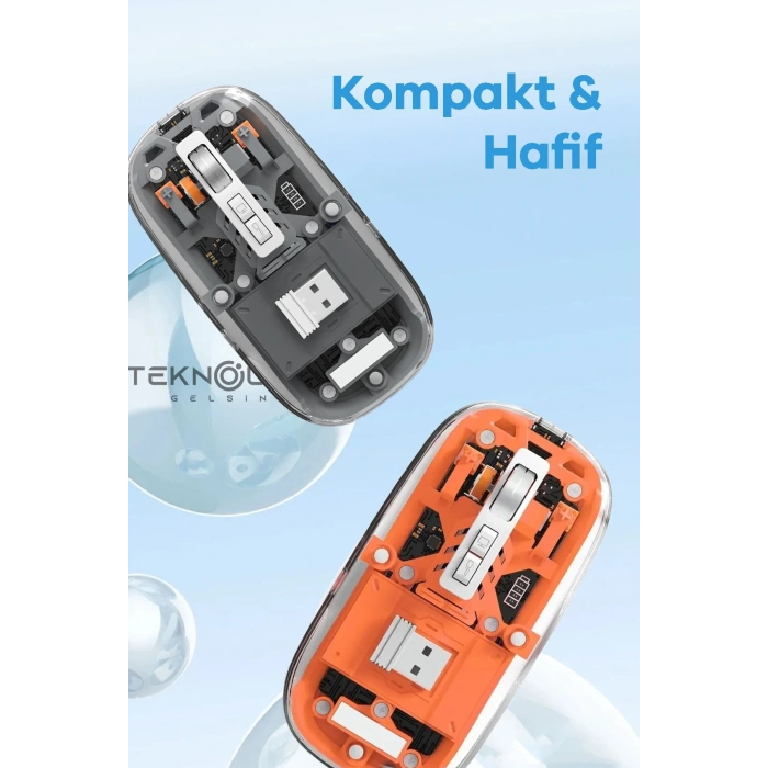Bluetooth Usb Çift Modlu Sessiz Mouse, Şeffaf Mıknatıslı Kapaklı, Type-c Şarjlı, Dpı Ayarlı, Kablosuz 10m Çekim Mesafeli, Masaüstü Kısayol Tuşlu, Taşınabilir Şarjlı Mouse Turuncu