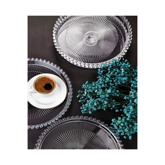 Boncuklu Sunum Tepsisi, Şeffaf Tepsi, Çay Tepsisi, Sunumluk 23 Cm (599)