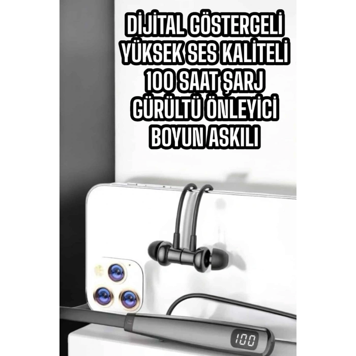 Boyun Askılı Bluetooth Kulaklık Uzun Şarj Süreli Dijital Göstergeli Kablolu