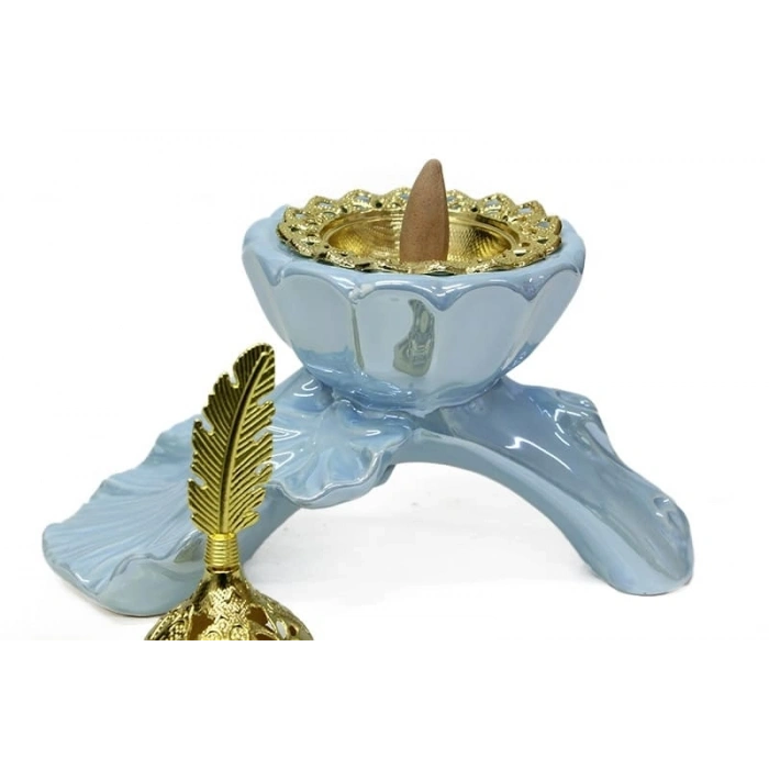 Buhurdanlık Seramik Yaprak Ve Çiçek Altın Kapak Dekorlu