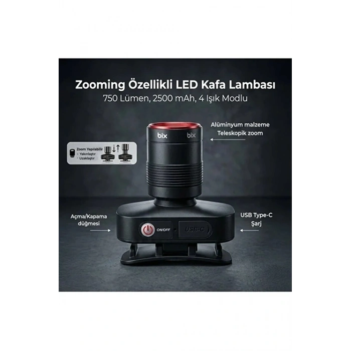 Bxt1fl 10w Şarj Edilebilir Kafa Feneri 750 Lümen 2500mah 4 Işık Modlu Zoom Özellikli Led Kafa