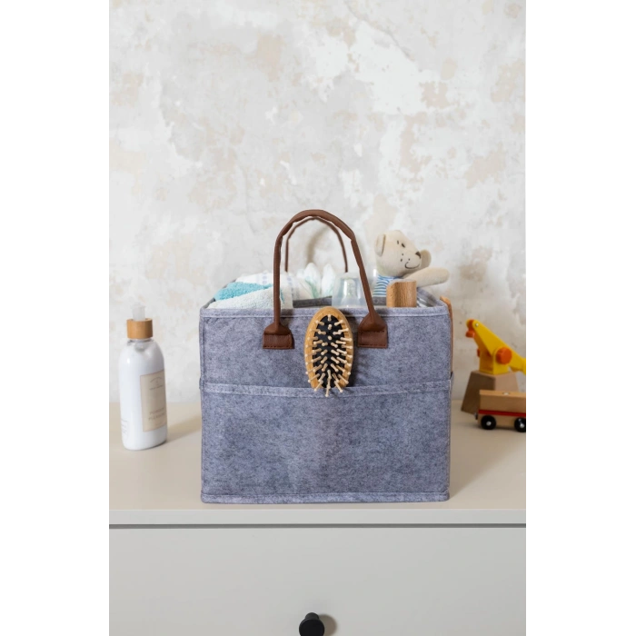 3 Gözlü Deri Şeritli Çok Amaçlı Düzenleyici Organizer Kutu Keçe Sepet 03860