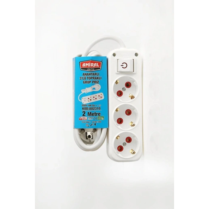 Byhodi 3 lü Topraklı Anahtarlı 2 Metre Kablolu Grup Priz (599599)