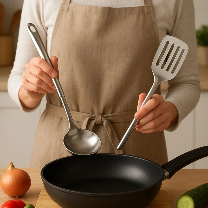 4lü Çelik Kepçe,Süzgeç,Servis Kaşığı,Spatula Mutfak Yemek Hazırlama Servis Seti