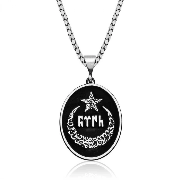 Byhodi 925 Ayar Gümüş Ay Yıldız İçerisi Göktürkçe Türk Yazılı Erkek Gümüş Kolye T6145 (599599)