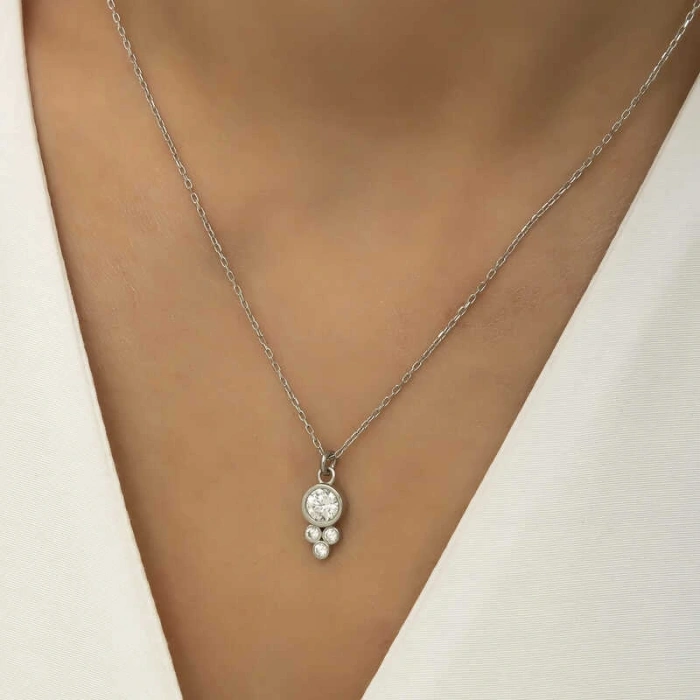 925 Ayar Gümüş Çiğ Damlası Yuvarlak Tektaş Bayan Gümüş Kolye T5973 (599599)