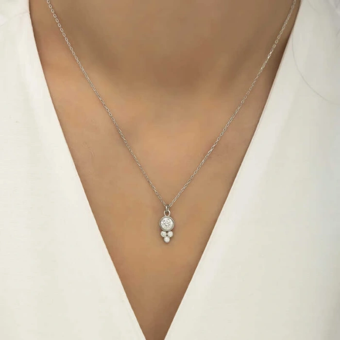 925 Ayar Gümüş Çiğ Damlası Yuvarlak Tektaş Bayan Gümüş Kolye T5973 (599599)