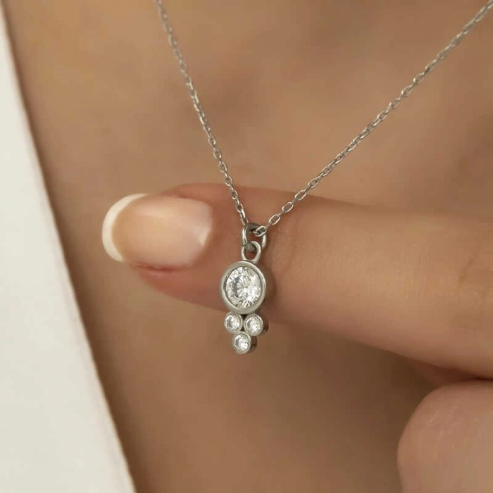 925 Ayar Gümüş Çiğ Damlası Yuvarlak Tektaş Bayan Gümüş Kolye T5973 (599599)