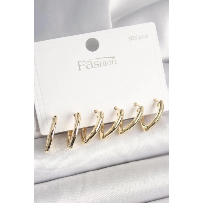 Byhodi 925 Ayar Gümüş Çivi Pirinç Gold Renk Üçgen Model Kadın Küpe Seti - BKP10415 (599599)