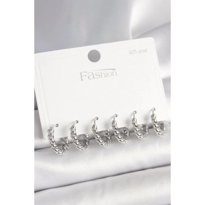 Byhodi 925 Ayar Gümüş Çivi Pirinç Gümüş Renk Sarmal Halka Model Kadın Küpe Seti - BKP10416 (599599)