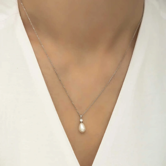 925 Ayar Gümüş Damla İnci Bayan Gümüş Kolye T5971 (599599)