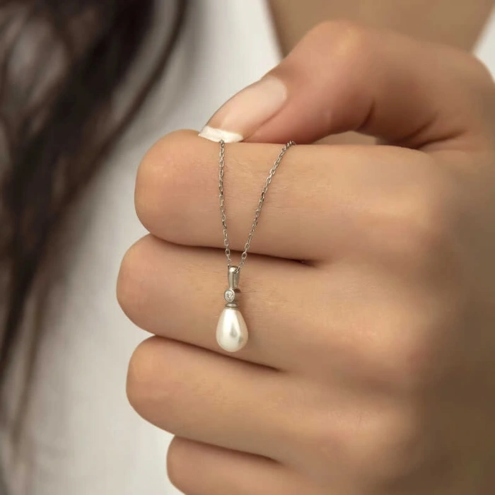 925 Ayar Gümüş Damla İnci Bayan Gümüş Kolye T5971 (599599)
