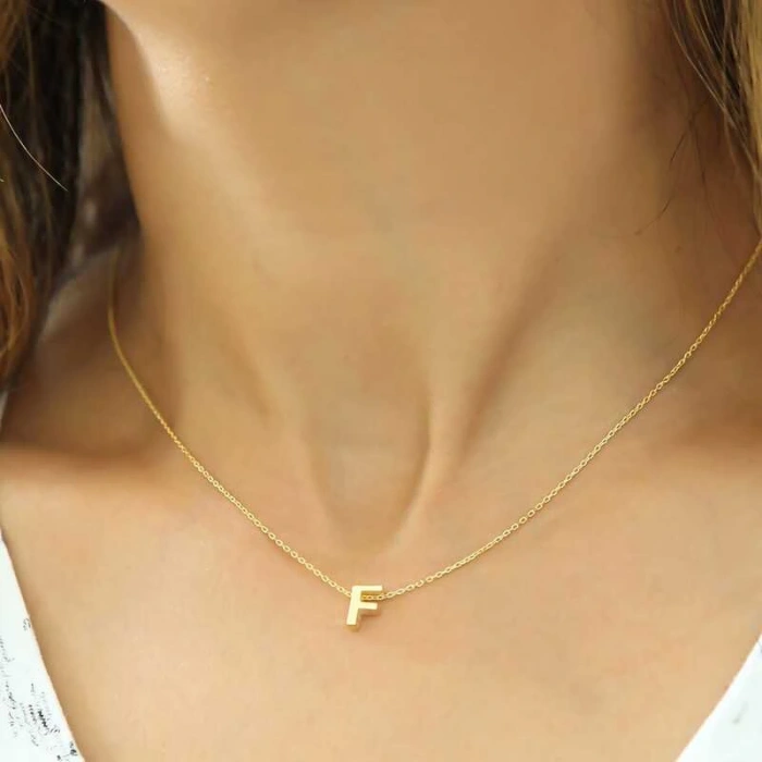 925 Ayar Gümüş Gold 3 Boyutlu F Harf Kadın Gümüş Kolye T5903 (599599)