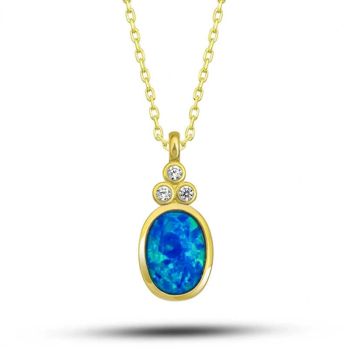 925 Ayar Gümüş Gold Mavi Opal Taşlı Ananas Kadın Kolye T7731 (599599)