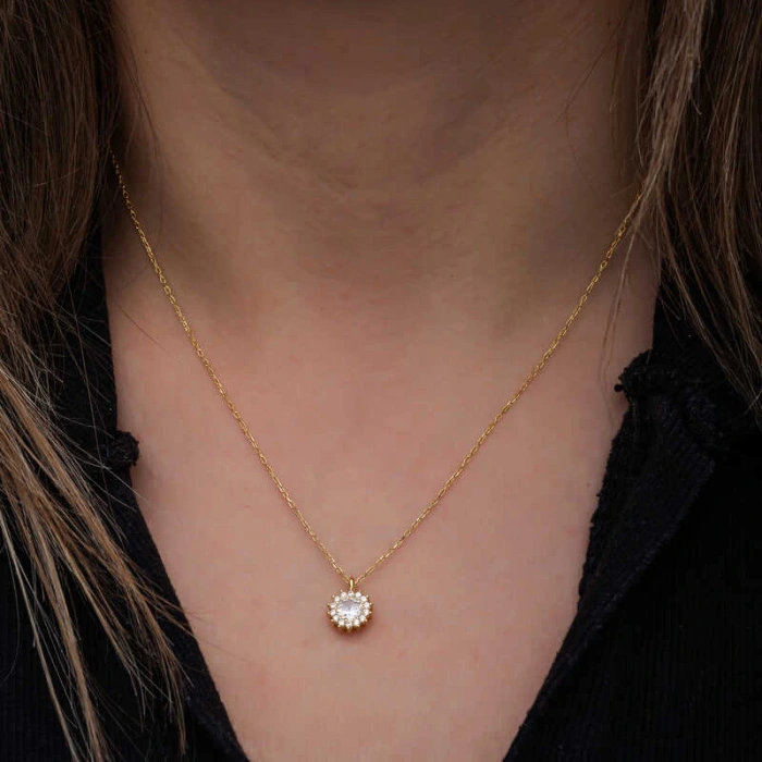 925 Ayar Gümüş Gold Minimal Yuvarlak Anturaj Kadın Kolye T8572 (599599)