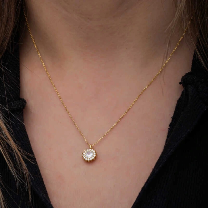 925 Ayar Gümüş Gold Minimal Yuvarlak Anturaj Kadın Kolye T8572 (599599)