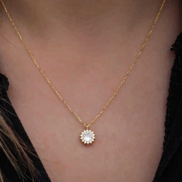 925 Ayar Gümüş Gold Minimal Yuvarlak Anturaj Kadın Kolye T8572 (599599)
