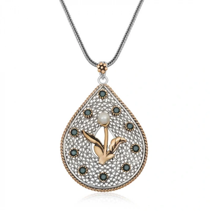 925 Ayar Gümüş İnci Çiçek Otantik Bayan Gümüş Kolye T6306 (599599)