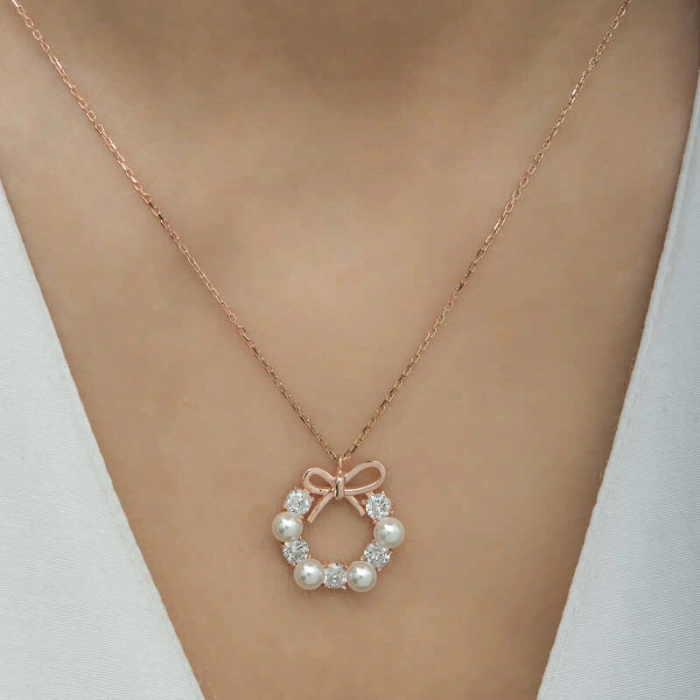 925 Ayar Gümüş İnci Kurdele Kadın Gümüş Kolye T6462 (599599)