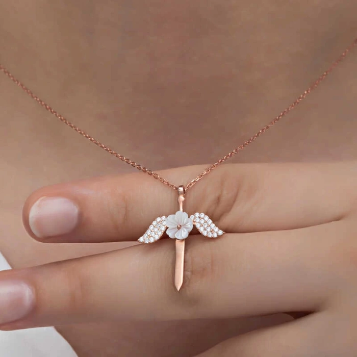 925 Ayar Gümüş Manolya Çiçeği Melek Kadın Kolye T8289 (599599)