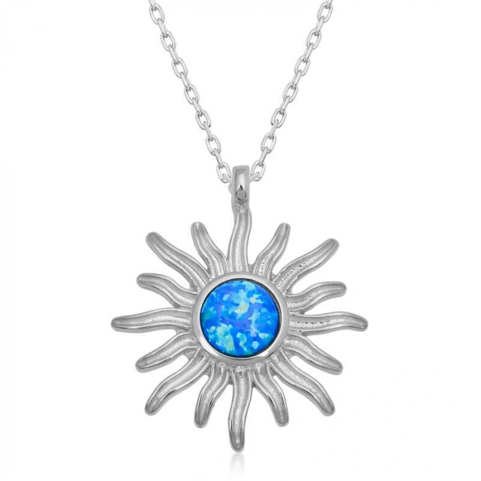 ​925 Ayar Gümüş Mavi Opal Taşlı Güneş Kadın Gümüş Kolye T6671 (599599)