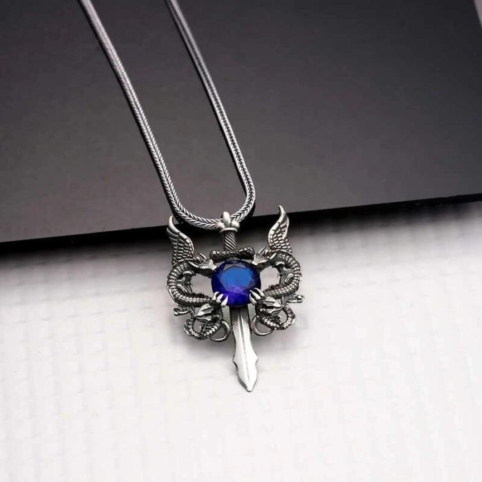 Byhodi 925 Ayar Gümüş Mavi Taşlı Ejderha Erkek Kılıç Kolye T7930 (599599)