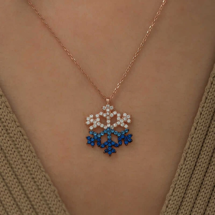 925 Ayar Gümüş Mavi Taşlı Kar Tanesi Kadın Gümüş Kolye T5152 (599599)