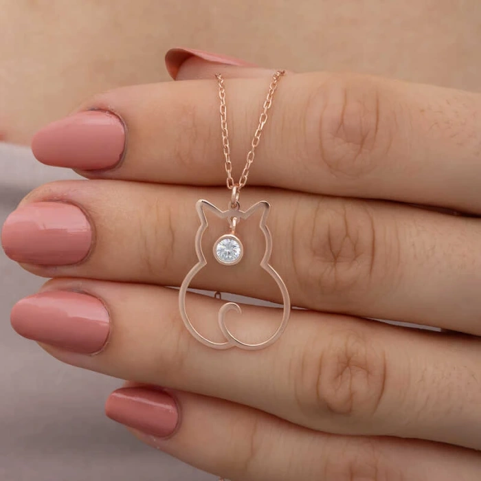 925 Ayar Gümüş Nisan Ayı Doğum Taşı Kedi Kadın Kolye T8346 (599599)