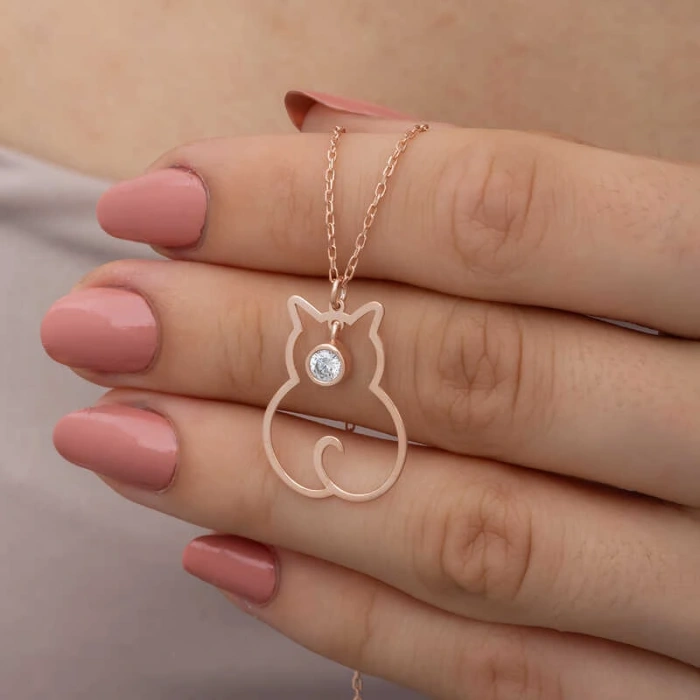 925 Ayar Gümüş Nisan Ayı Doğum Taşı Kedi Kadın Kolye T8346 (599599)