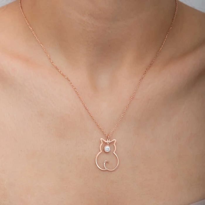 925 Ayar Gümüş Nisan Ayı Doğum Taşı Kedi Kadın Kolye T8346 (599599)