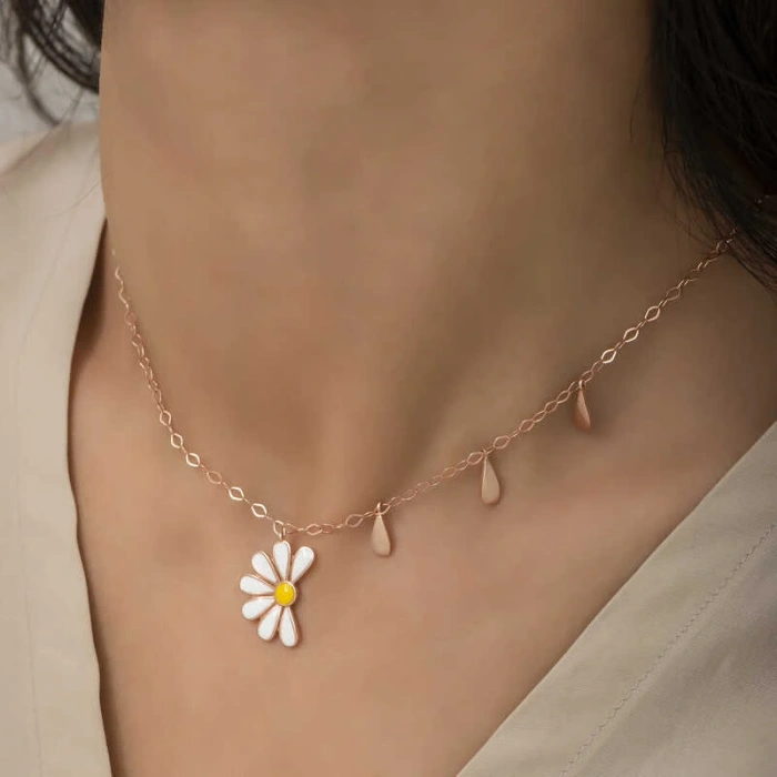 925 Ayar Gümüş Papatya Seviyor Sevmiyor Bayan Gümüş Kolye T5981 (599599)