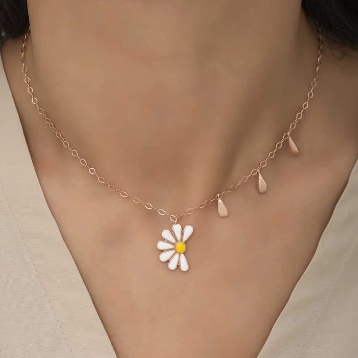 925 Ayar Gümüş Papatya Seviyor Sevmiyor Bayan Gümüş Kolye T5981 (599599)