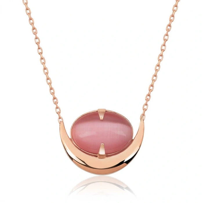 925 Ayar Gümüş Pembe Kedi Gözü Taşlı Hilal Kolye T4760 (599599)