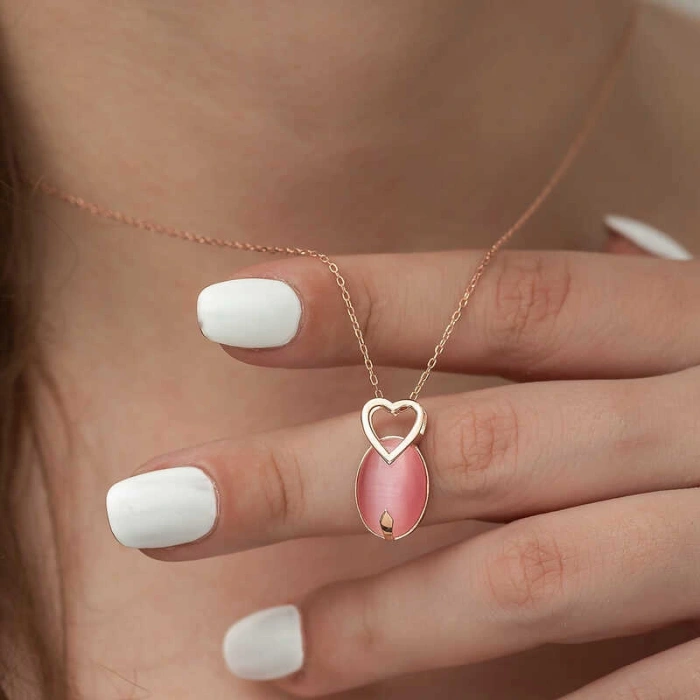 Byhodi 925 Ayar Gümüş Pembe Kedi Gözü Taşlı Kalp Kolye T4757 (599599)