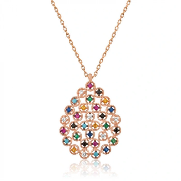 925 Ayar Gümüş Renkli Taşlı Damla Kadın Gümüş Kolye T4600 (599599)