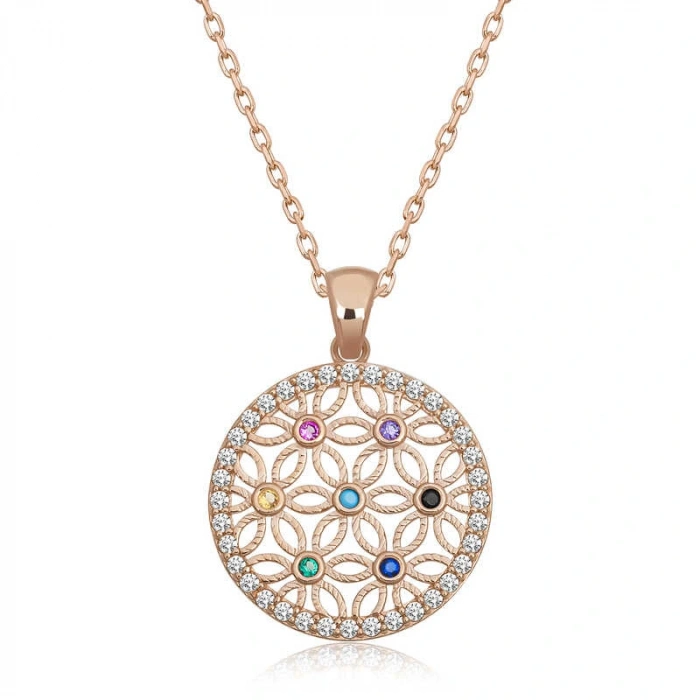 925 Ayar Gümüş Renkli Taşlı Yaşam Çiçeği Kadın Gümüş Kolye T6634 (599599)