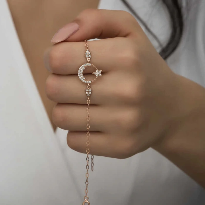 Byhodi 925 Ayar Gümüş Rose Ay Yıldız Kadın Bileklik T7255 (599599)