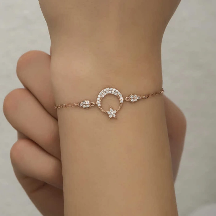 Byhodi 925 Ayar Gümüş Rose Ay Yıldız Kadın Bileklik T7255 (599599)