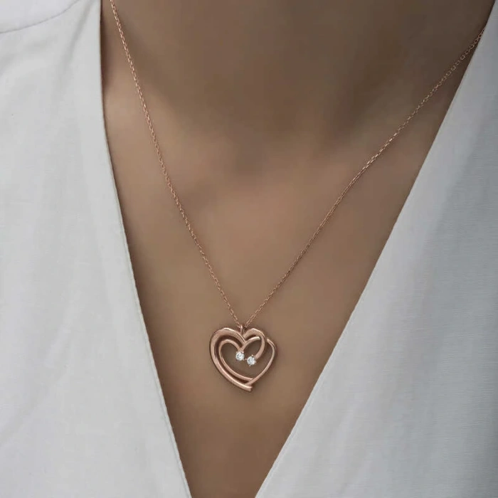 925 Ayar Gümüş Rose Birleşmiş Kalpler Kadın Kolye T6581 (599599)
